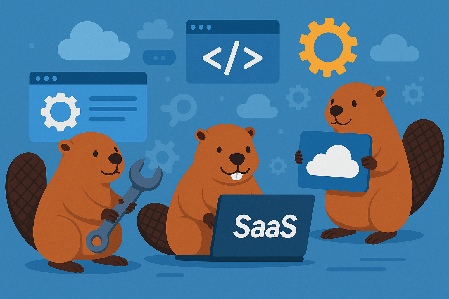 Drei fröhliche Biber arbeiten gemeinsam an der Entwicklung und Integration von SaaS-Diensten. Einer hält einen großen Schraubenschlüssel, einer sitzt mit einem Laptop mit der Aufschrift „SaaS“, und der dritte hält eine Wolke als Symbol für Cloud-Services. Im Hintergrund sind stilisierte Zahnräder, Cloud-Symbole und Code-Icons auf blauem Grund zu sehen – eine Metapher für Zusammenarbeit, Automatisierung und digitale Infrastruktur.